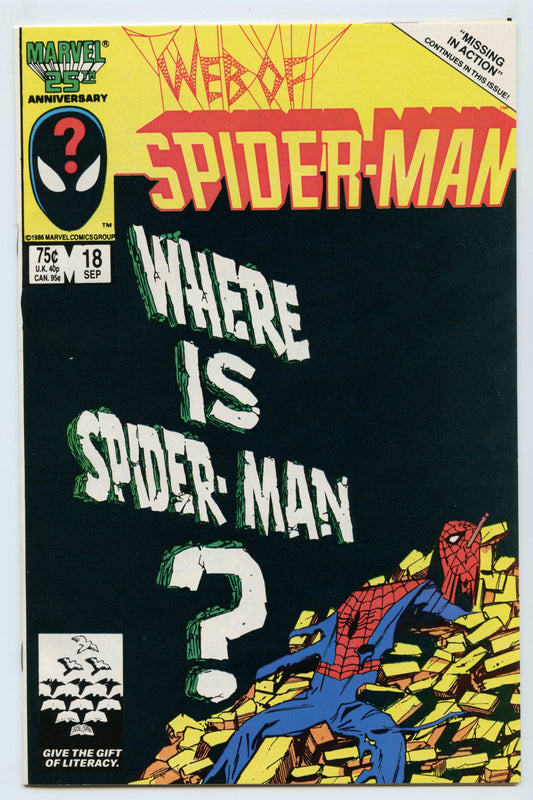 Web of Spider-man 18 (Sep 1986) NM- (9.2) - 1st appearance Venom (off panel)